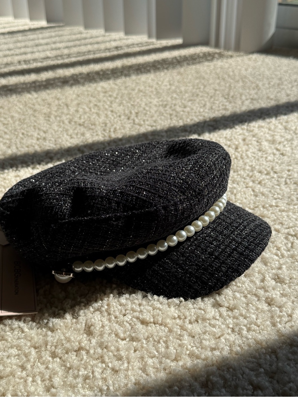 BCBGeneration Black Tweed Pearl-Trim Cap